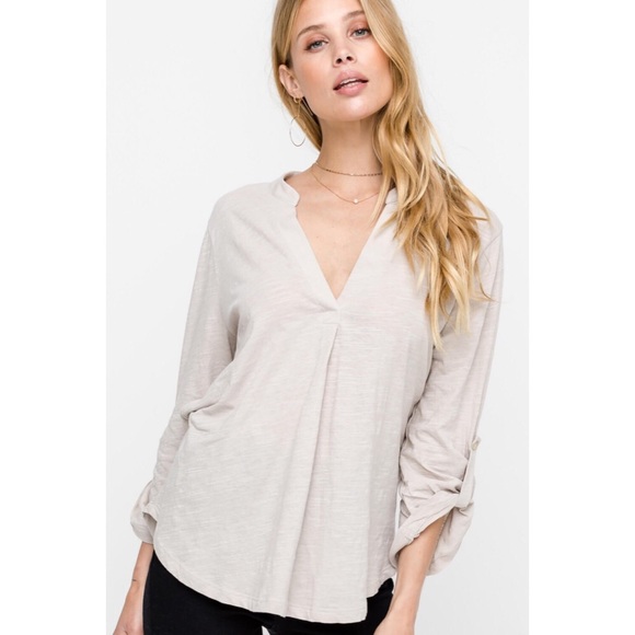 Megan V-Neck Cotton Top - Light Beige - Picture 4 of 6